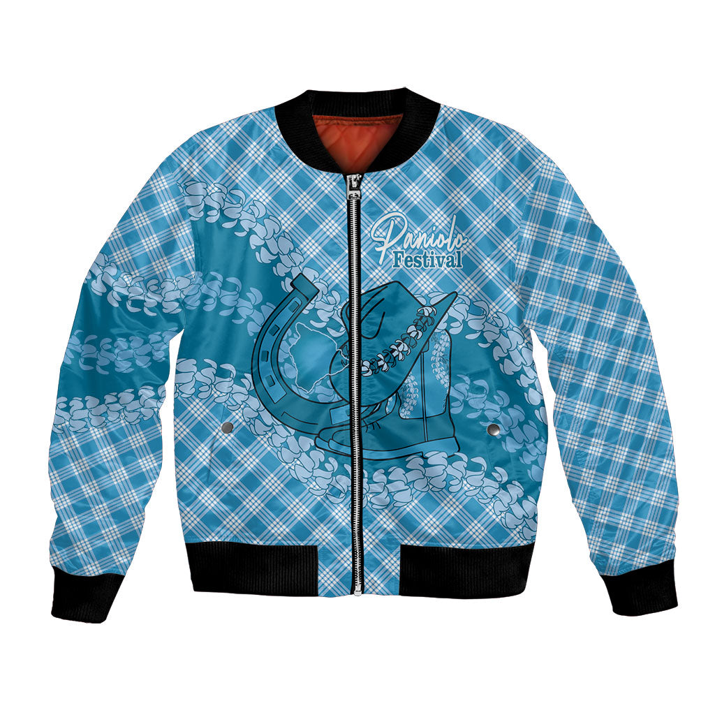 Polu Hawaii Cowboy Palaka Motifs Personalised Bomber Jacket Paniolo Festival Puakenikeni Lei LT14 Unisex Blue - Polynesian Pride