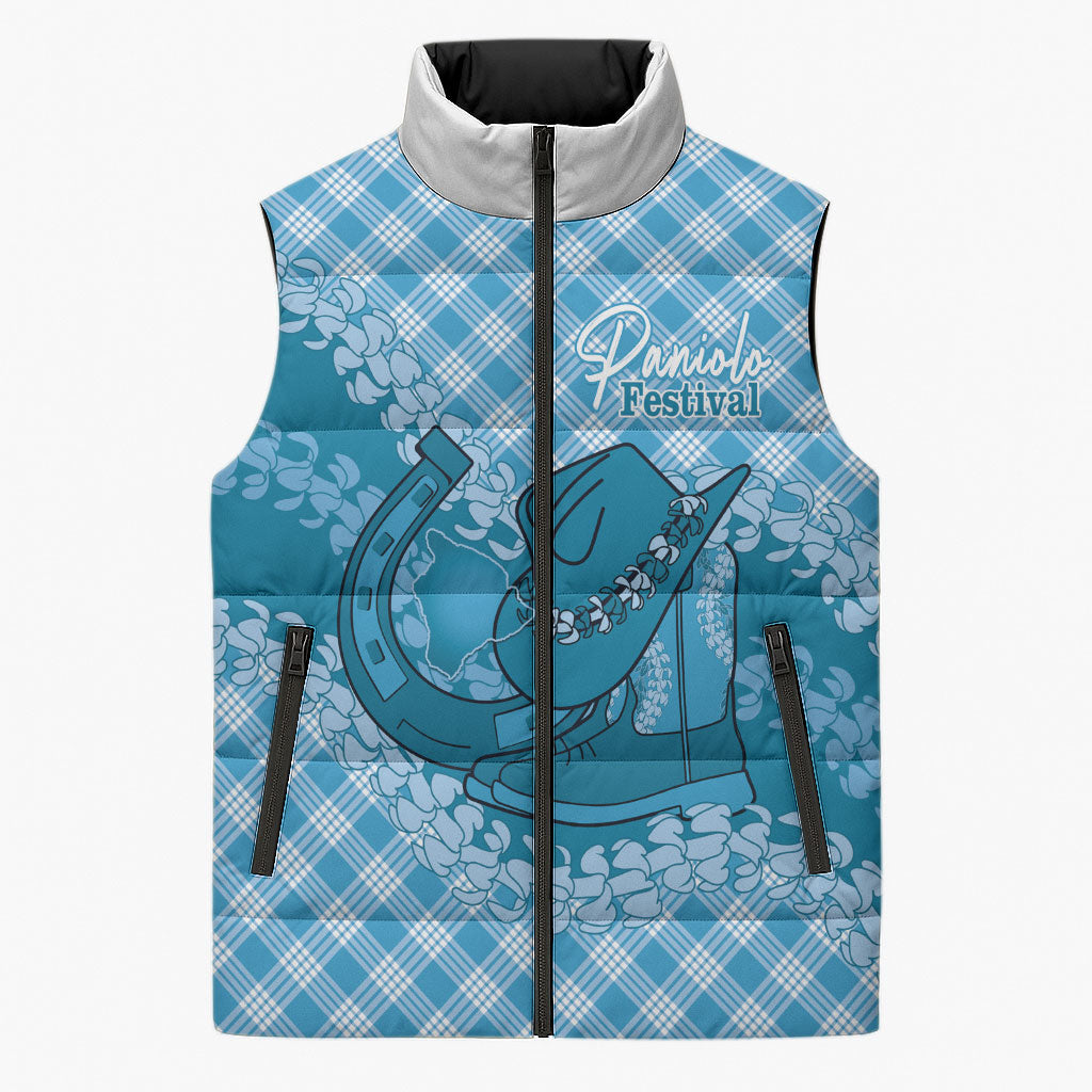 Polu Hawaii Cowboy Palaka Motifs Personalised Sleeveless Puffer Jacket Paniolo Festival Puakenikeni Lei LT14 Unisex Blue - Polynesian Pride