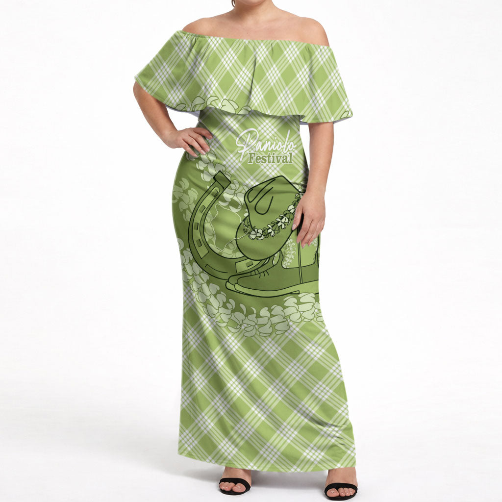 Omaomao Hawaii Cowboy Palaka Motifs Personalised Off Shoulder Maxi Dress Paniolo Festival Puakenikeni Lei LT14 Women Green - Polynesian Pride