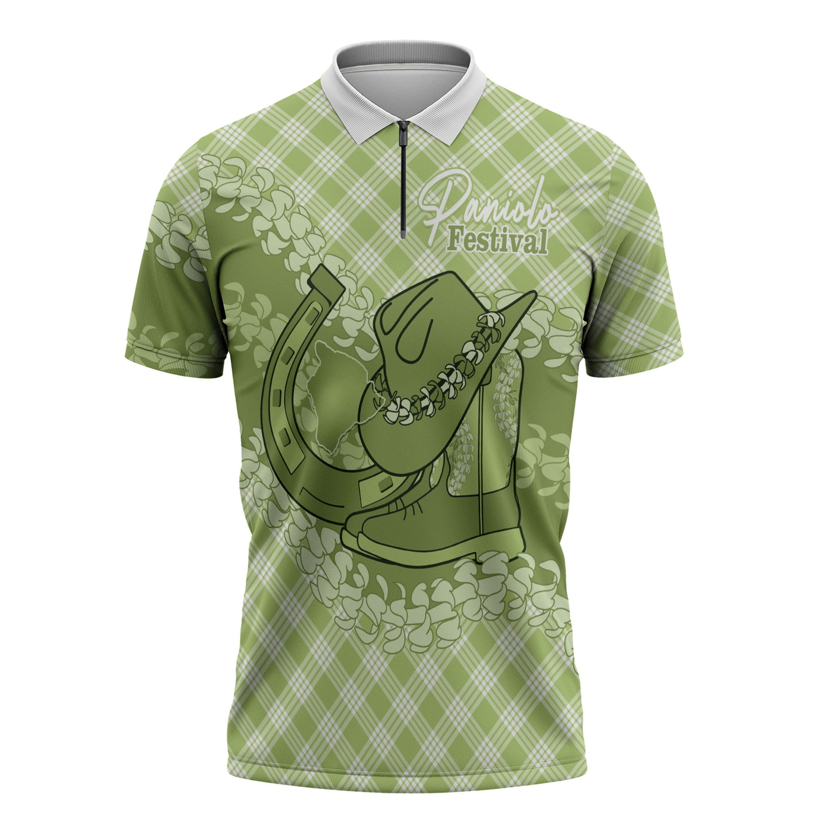 Omaomao Hawaii Cowboy Palaka Motifs Personalised Zipper Polo Shirt Paniolo Festival Puakenikeni Lei LT14 Green - Polynesian Pride