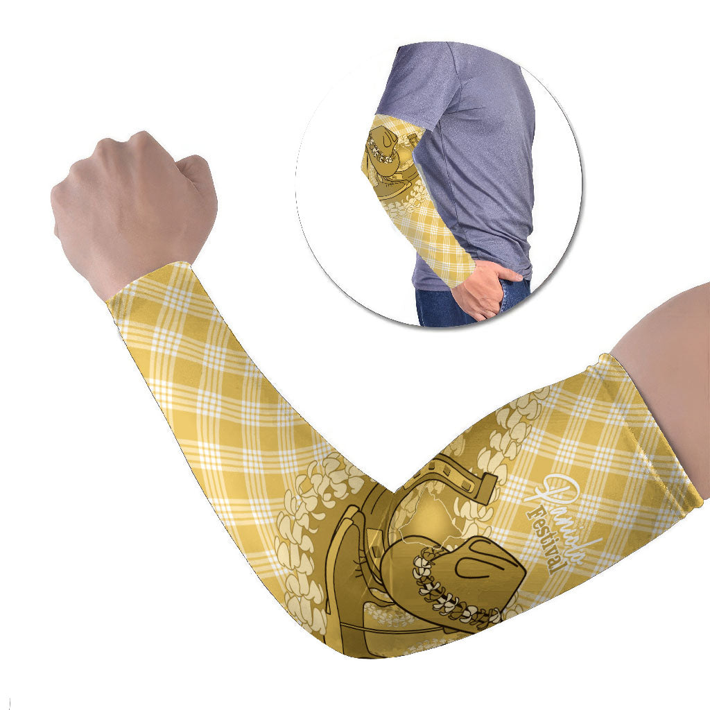 Melemele Hawaii Cowboy Palaka Motifs Personalised Arm Sleeves Paniolo Festival Puakenikeni Lei