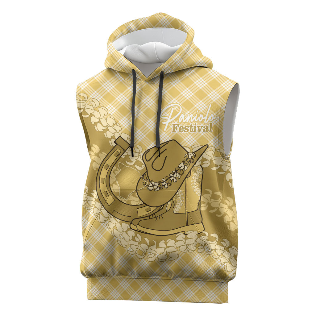Melemele Hawaii Cowboy Palaka Motifs Personalised Sleeveless Hoodie Paniolo Festival Puakenikeni Lei