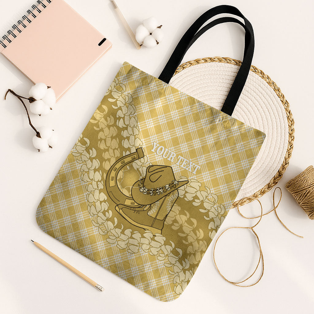 Melemele Hawaii Cowboy Palaka Motifs Personalised Tote Bag Paniolo Festival Puakenikeni Lei LT14 Black Strap One Size Yellow - Polynesian Pride