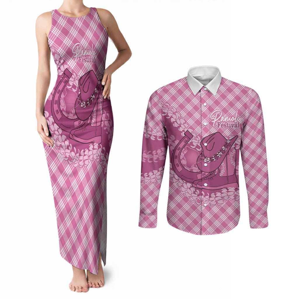Alaka Hawaii Cowboy Palaka Motifs Personalised Couples Matching Tank Maxi Dress and Long Sleeve Button Shirt Paniolo Festival Puakenikeni Lei