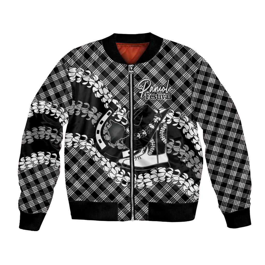 Eleele Hawaii Cowboy Palaka Motifs Personalised Bomber Jacket Paniolo Festival Puakenikeni Lei LT14 Unisex Black - Polynesian Pride