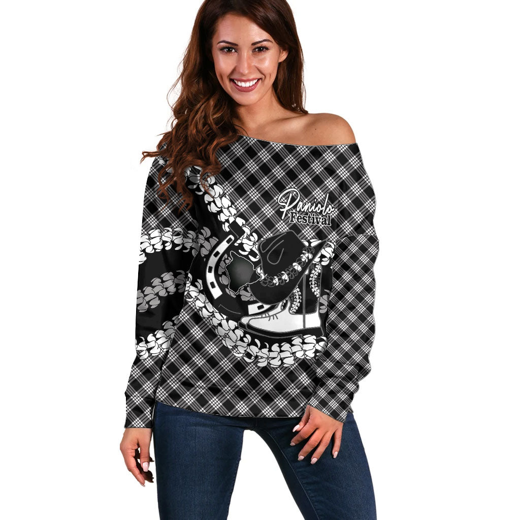 Eleele Hawaii Cowboy Palaka Motifs Personalised Off Shoulder Sweater Paniolo Festival Puakenikeni Lei LT14 Women Black - Polynesian Pride