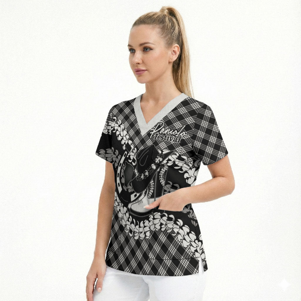 Eleele Hawaii Cowboy Palaka Motifs Personalised Scrub Top Paniolo Festival Puakenikeni Lei LT14 - Polynesian Pride