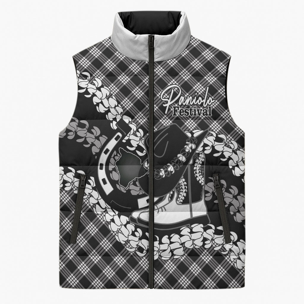 Eleele Hawaii Cowboy Palaka Motifs Personalised Sleeveless Puffer Jacket Paniolo Festival Puakenikeni Lei LT14 Unisex Black - Polynesian Pride