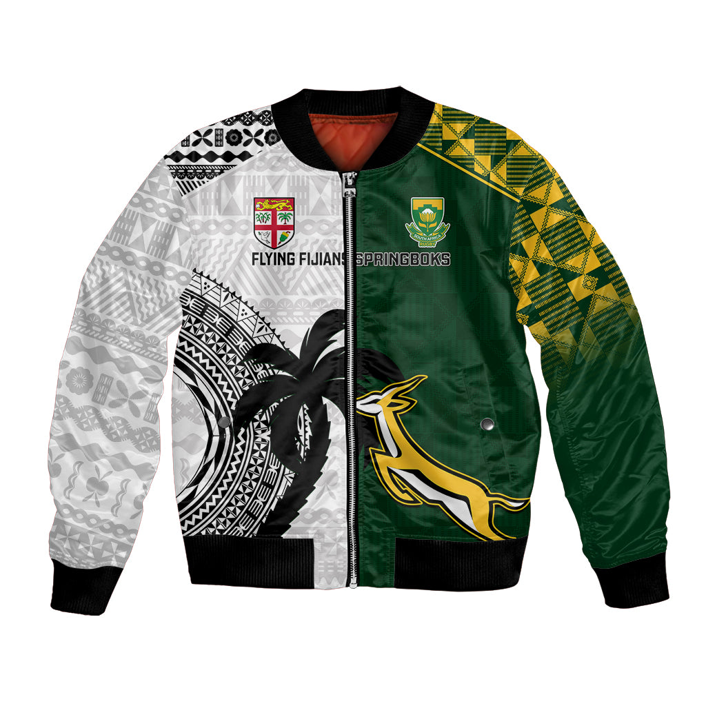 South Africa And Fiji Rugby Bomber Jacket 2023 World Cup Fijian Tapa With Kente Pattern LT14 Unisex Green - Polynesian Pride