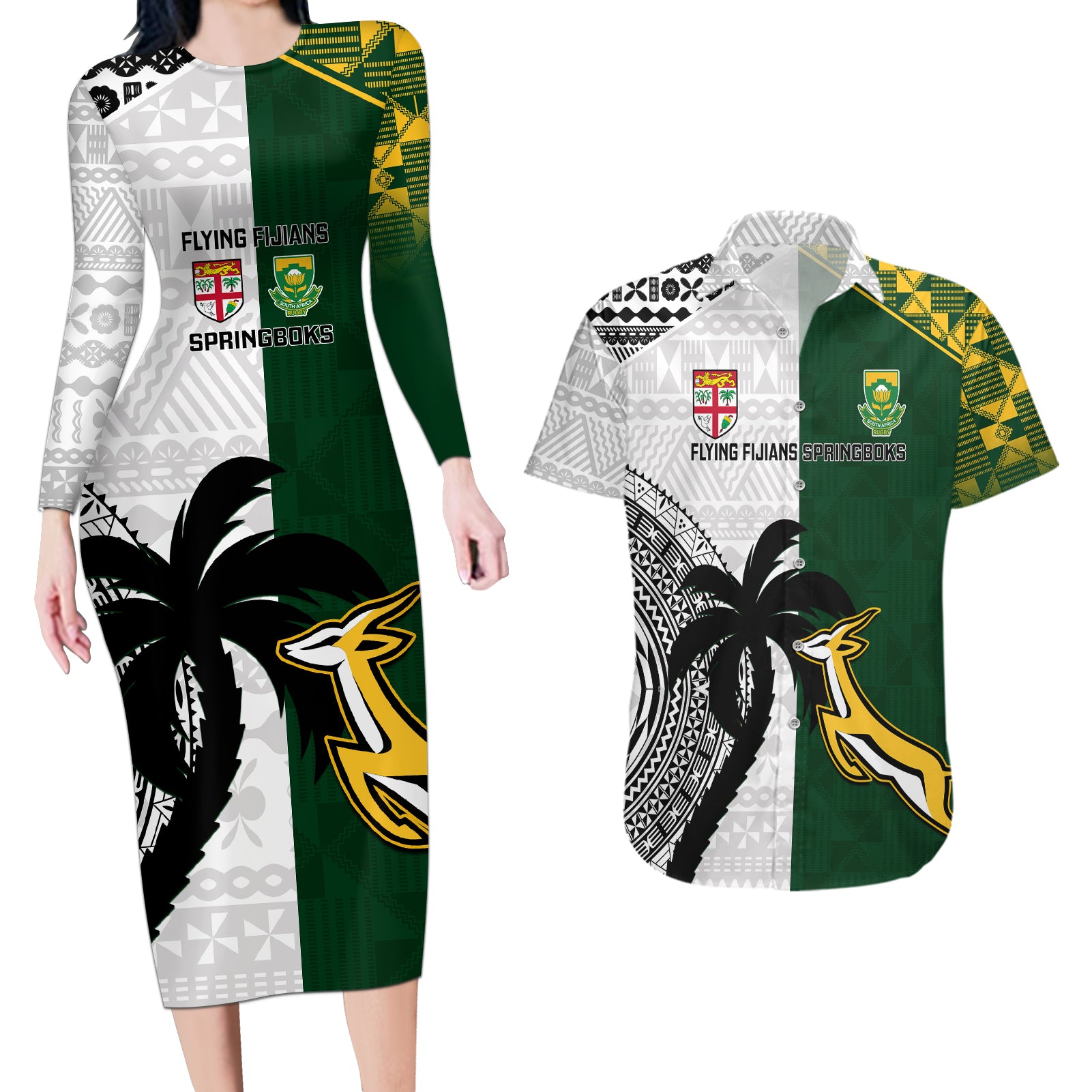 South Africa And Fiji Rugby Couples Matching Long Sleeve Bodycon Dress and Hawaiian Shirt 2023 World Cup Fijian Tapa With Kente Pattern LT14 Green - Polynesian Pride