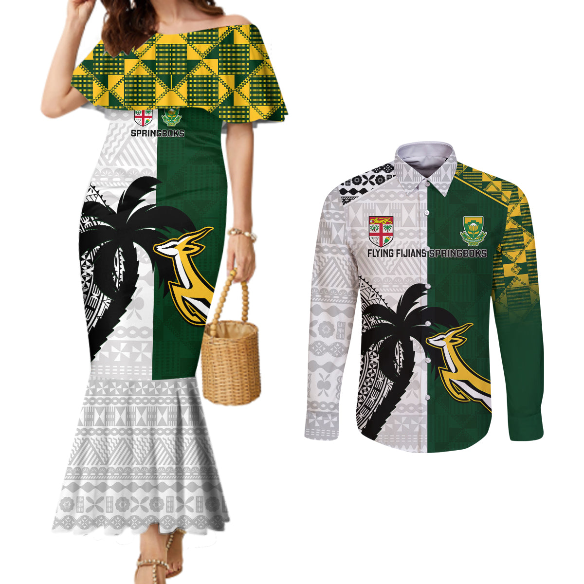 South Africa And Fiji Rugby Couples Matching Mermaid Dress and Long Sleeve Button Shirts 2023 World Cup Fijian Tapa With Kente Pattern LT14 Green - Polynesian Pride