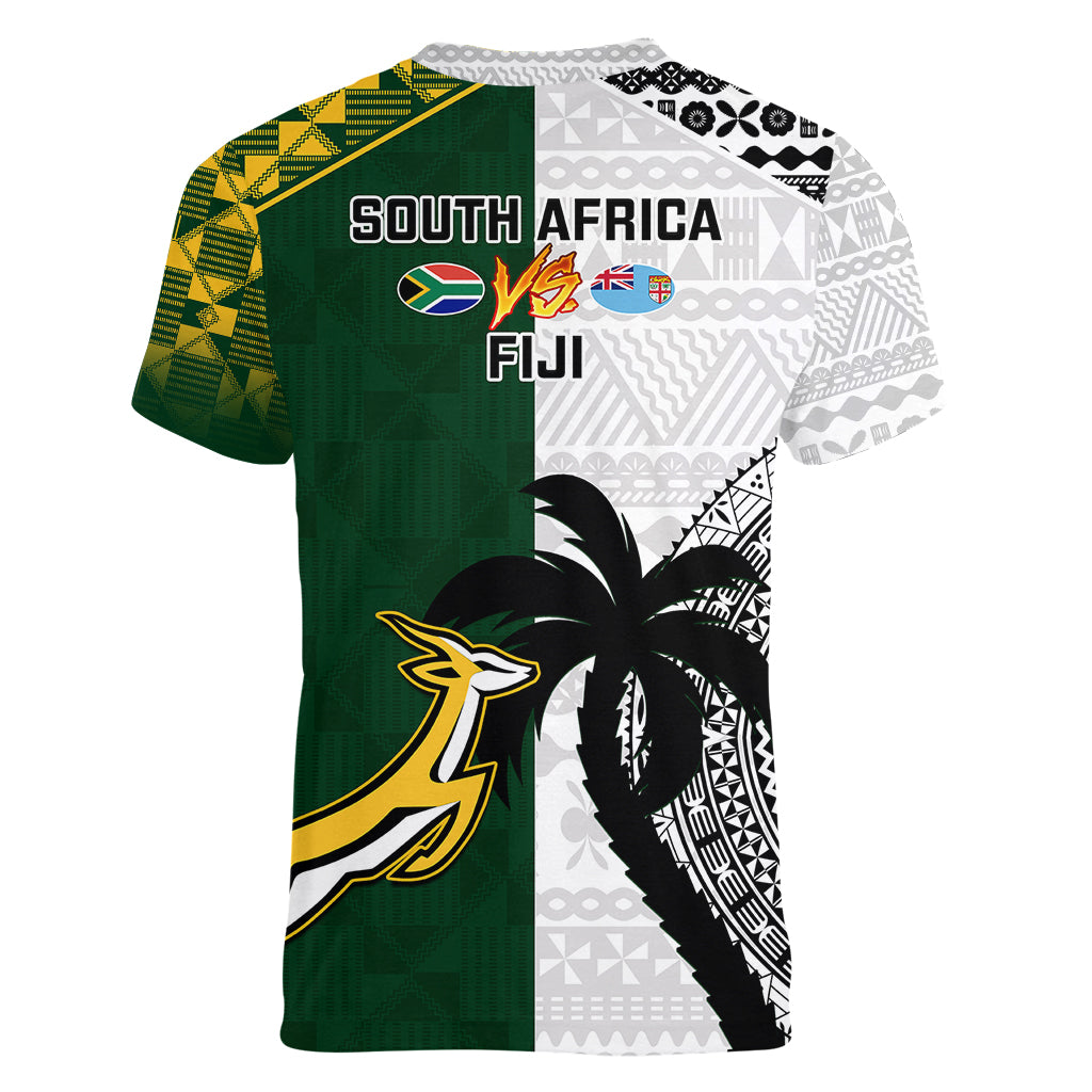 South Africa And Fiji Rugby Women V Neck T Shirt 2023 World Cup Fijian Tapa With Kente Pattern LT14 - Polynesian Pride