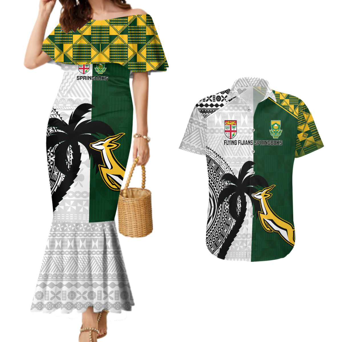 Custom South Africa And Fiji Rugby Couples Matching Mermaid Dress and Hawaiian Shirt 2023 World Cup Fijian Tapa With Kente Pattern LT14 Green - Polynesian Pride