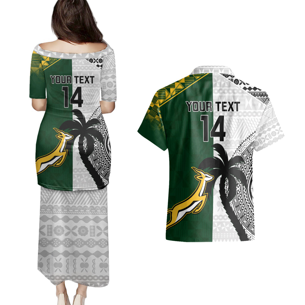 Custom South Africa And Fiji Rugby Couples Matching Puletasi Dress and Hawaiian Shirt 2023 World Cup Fijian Tapa With Kente Pattern LT14 - Polynesian Pride