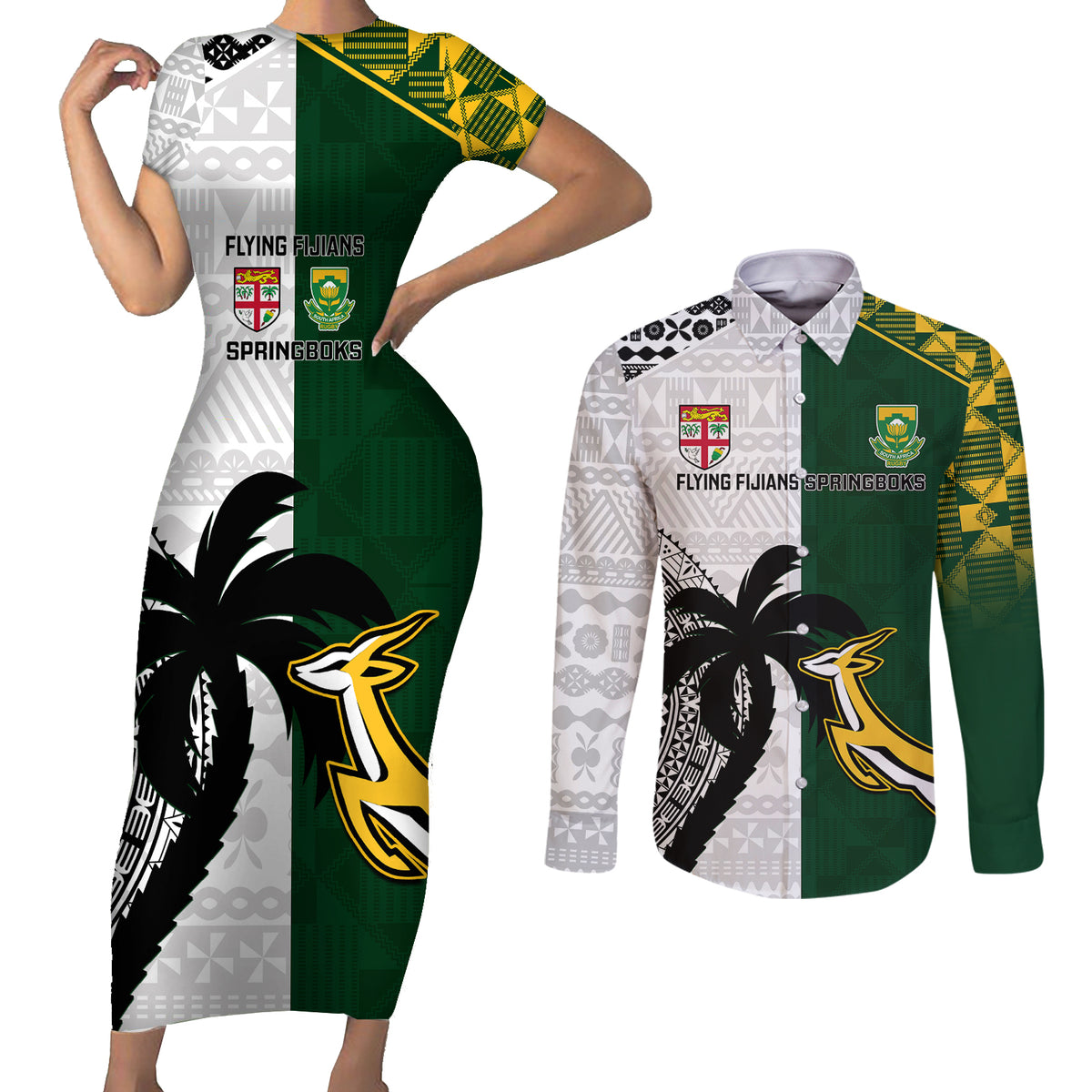 Custom South Africa And Fiji Rugby Couples Matching Short Sleeve Bodycon Dress and Long Sleeve Button Shirts 2023 World Cup Fijian Tapa With Kente Pattern LT14 Green - Polynesian Pride