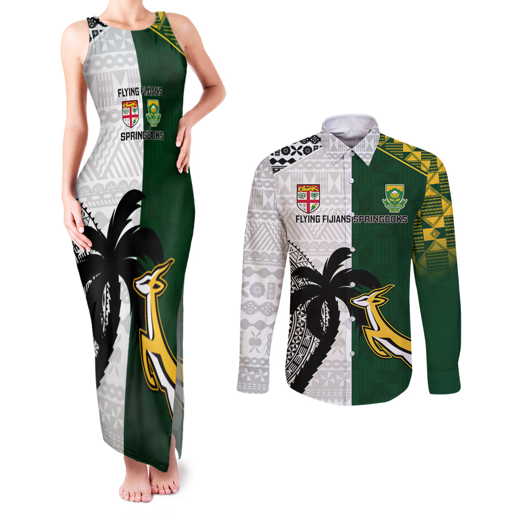 Custom South Africa And Fiji Rugby Couples Matching Tank Maxi Dress and Long Sleeve Button Shirts 2023 World Cup Fijian Tapa With Kente Pattern LT14 Green - Polynesian Pride