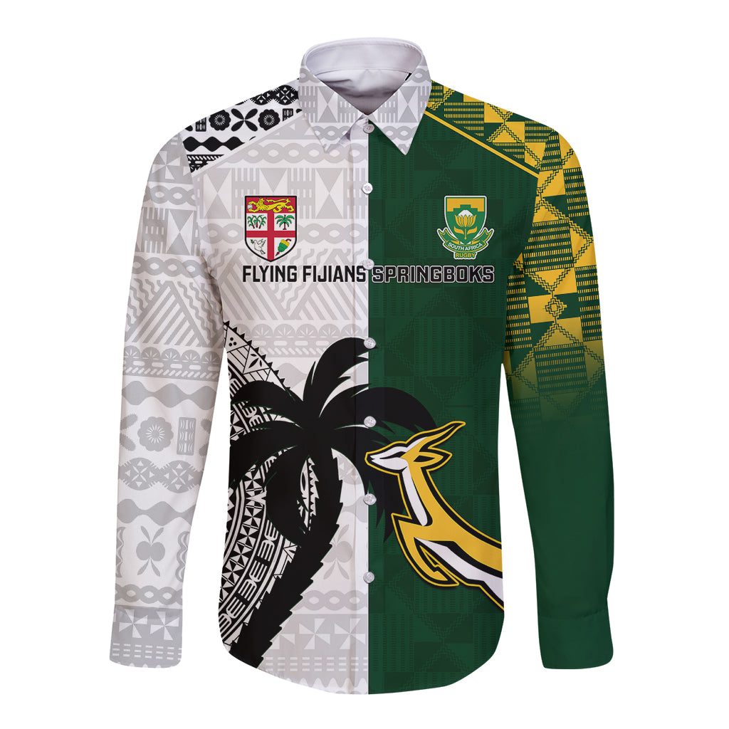 Custom South Africa And Fiji Rugby Long Sleeve Button Shirt 2023 World Cup Fijian Tapa With Kente Pattern LT14 Unisex Green - Polynesian Pride