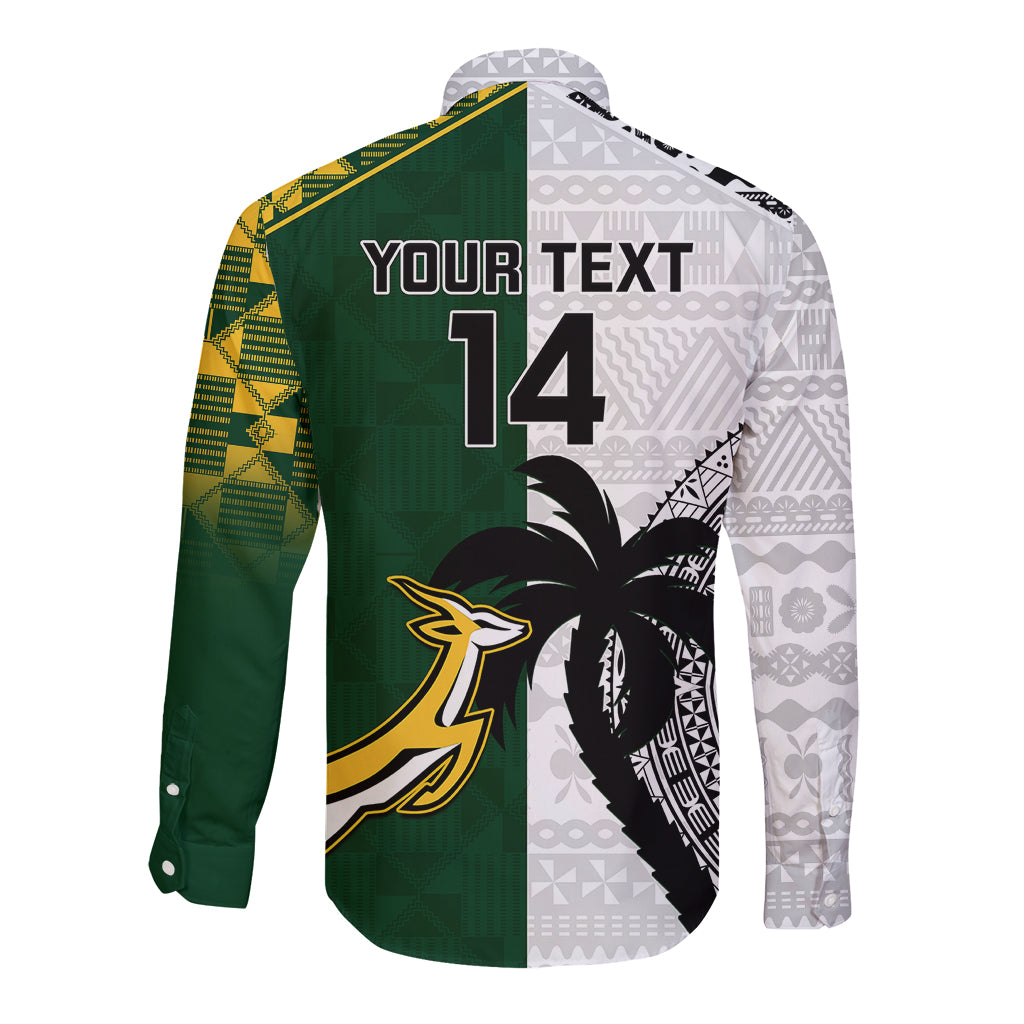 Custom South Africa And Fiji Rugby Long Sleeve Button Shirt 2023 World Cup Fijian Tapa With Kente Pattern LT14 - Polynesian Pride