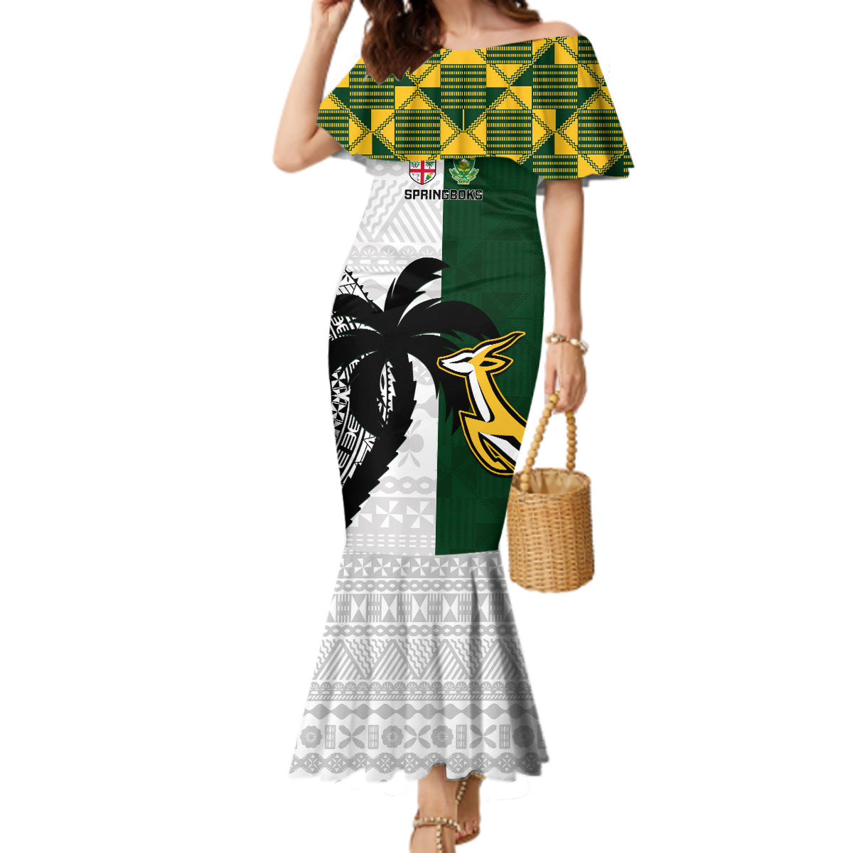 Custom South Africa And Fiji Rugby Mermaid Dress 2023 World Cup Fijian Tapa With Kente Pattern LT14 Women Green - Polynesian Pride