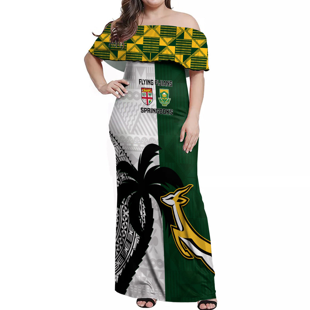 Custom South Africa And Fiji Rugby Off Shoulder Maxi Dress 2023 World Cup Fijian Tapa With Kente Pattern LT14 Women Green - Polynesian Pride