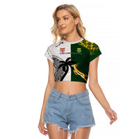 Custom South Africa And Fiji Rugby Raglan Cropped T Shirt 2023 World Cup Fijian Tapa With Kente Pattern LT14 Female Green - Polynesian Pride