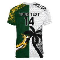 Custom South Africa And Fiji Rugby Women V Neck T Shirt 2023 World Cup Fijian Tapa With Kente Pattern LT14 - Polynesian Pride