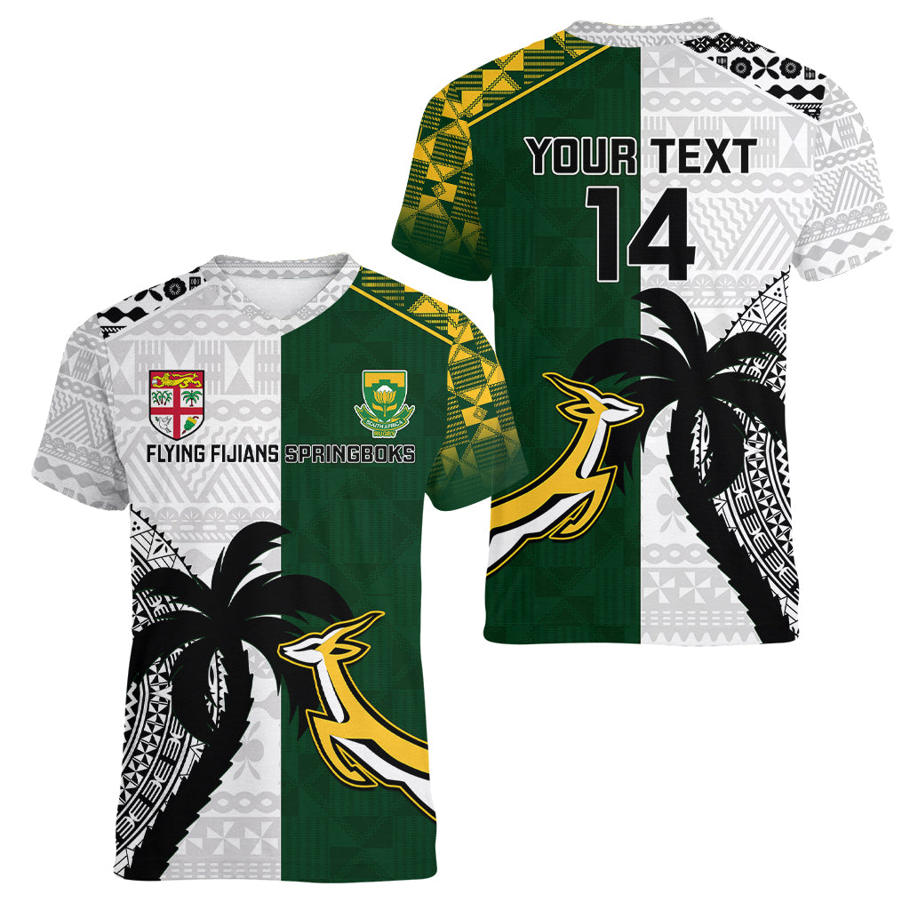 Custom South Africa And Fiji Rugby Women V Neck T Shirt 2023 World Cup Fijian Tapa With Kente Pattern LT14 - Polynesian Pride