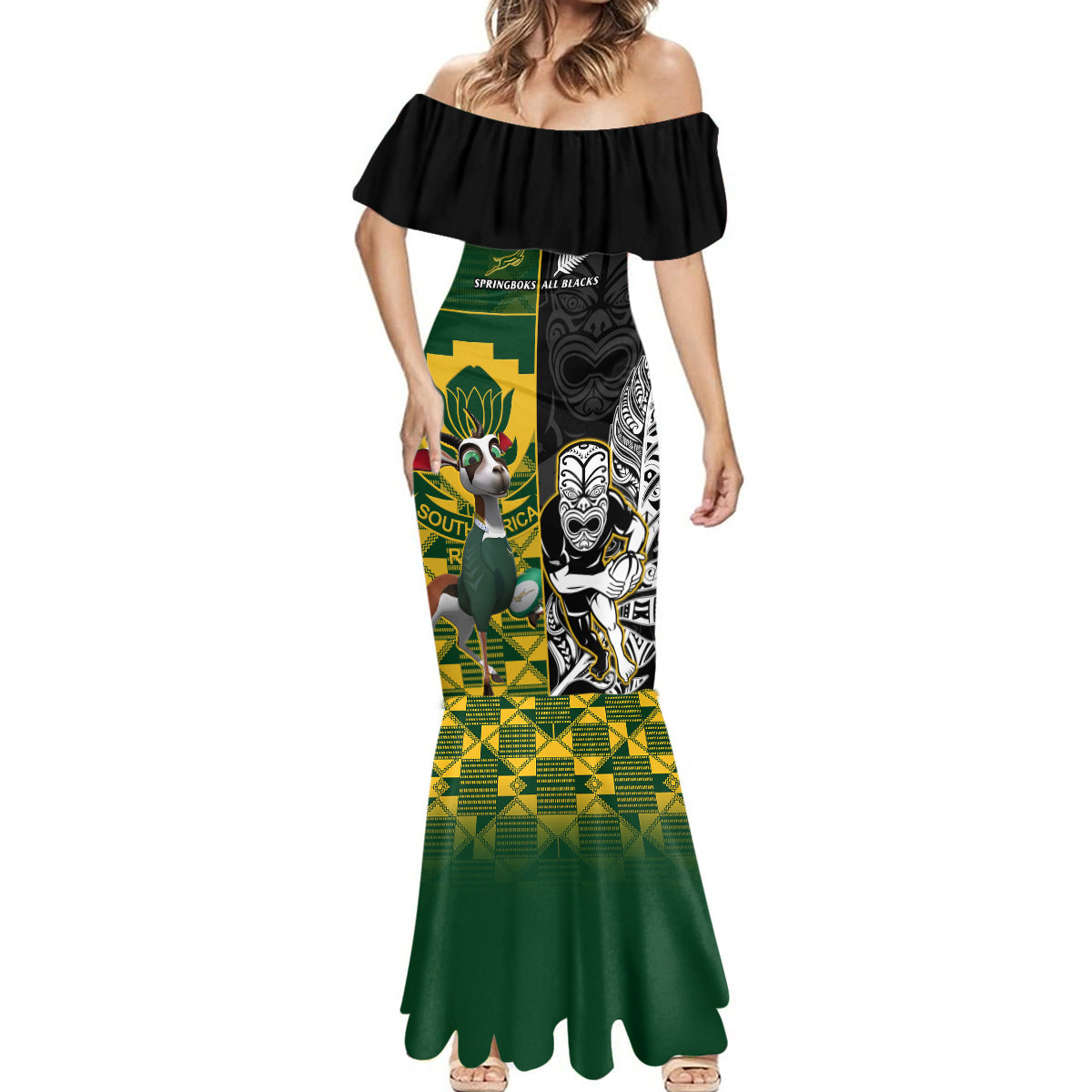 South Africa And Aotearoa Rugby Mermaid Dress 2023 Springboks Kente Combine All Black Maori Fern LT14 - Polynesian Pride