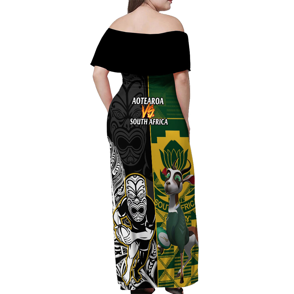 South Africa And Aotearoa Rugby Off Shoulder Maxi Dress 2023 Springboks Kente Combine All Black Maori Fern LT14 - Polynesian Pride