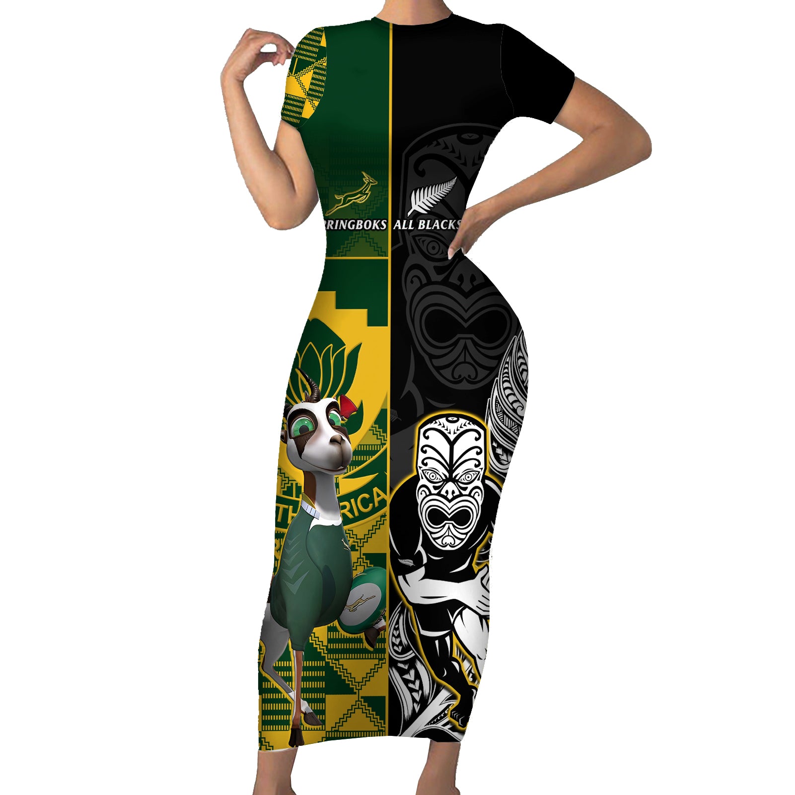 South Africa And Aotearoa Rugby Short Sleeve Bodycon Dress 2023 Springboks Kente Combine All Black Maori Fern LT14 Long Dress Green - Polynesian Pride