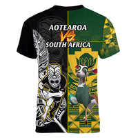 South Africa And Aotearoa Rugby Women V Neck T Shirt 2023 Springboks Kente Combine All Black Maori Fern LT14 - Polynesian Pride
