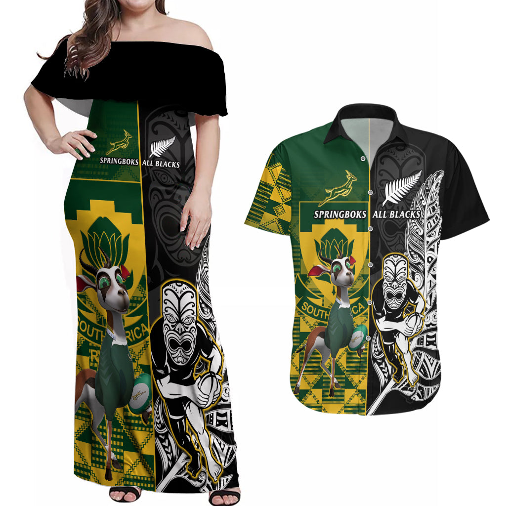 Custom South Africa And Aotearoa Rugby Couples Matching Off Shoulder Maxi Dress and Hawaiian Shirt 2023 Springboks Kente Combine All Black Maori Fern LT14 Green - Polynesian Pride