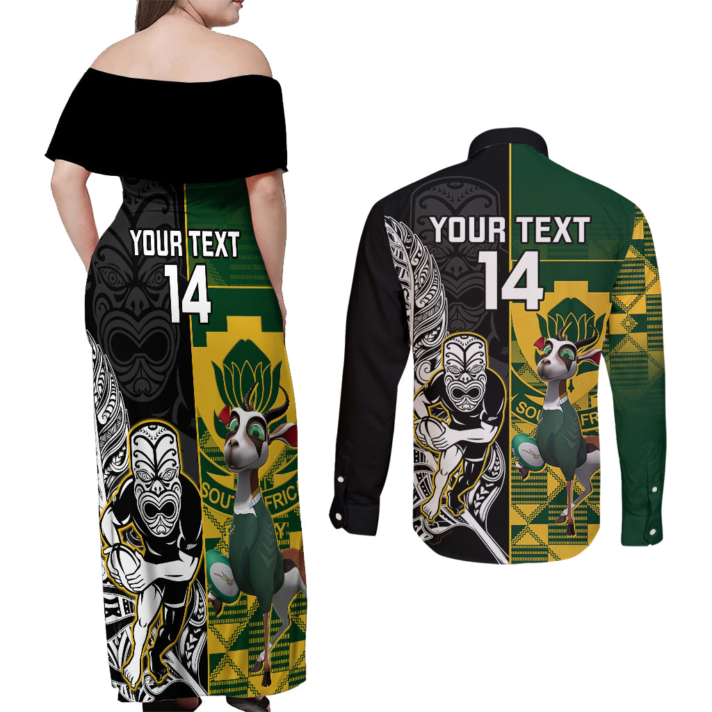 Custom South Africa And Aotearoa Rugby Couples Matching Off Shoulder Maxi Dress and Long Sleeve Button Shirts 2023 Springboks Kente Combine All Black Maori Fern LT14 - Polynesian Pride