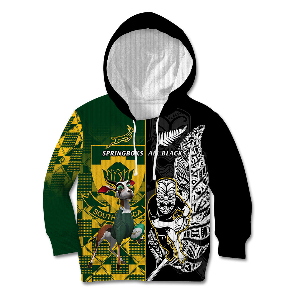 Custom South Africa And Aotearoa Rugby Kid Hoodie 2023 Springboks Kente Combine All Black Maori Fern LT14 Green - Polynesian Pride