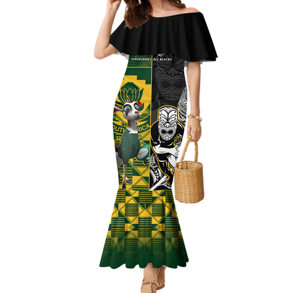 Custom South Africa And Aotearoa Rugby Mermaid Dress 2023 Springboks Kente Combine All Black Maori Fern LT14 Women Green - Polynesian Pride