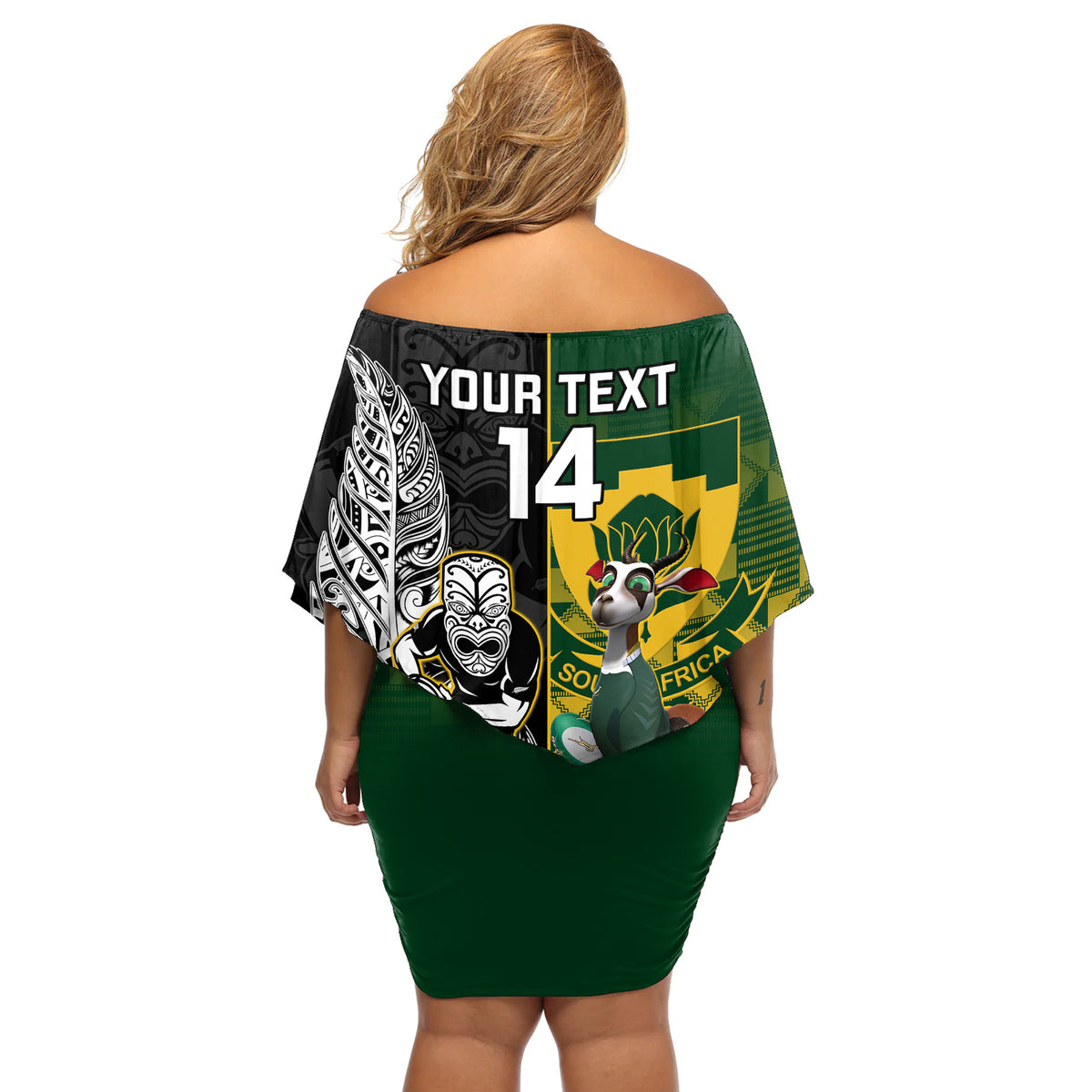 Custom South Africa And Aotearoa Rugby Off Shoulder Short Dress 2023 Springboks Kente Combine All Black Maori Fern LT14 - Polynesian Pride