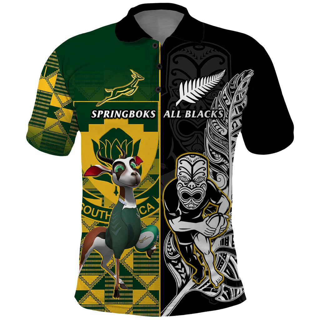 Custom South Africa And Aotearoa Rugby Polo Shirt 2023 Springboks Kente Combine All Black Maori Fern LT14 Green - Polynesian Pride