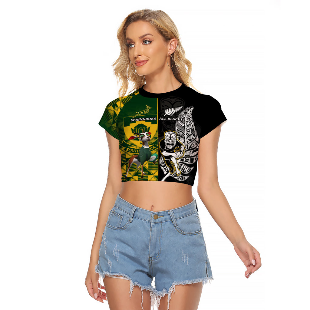 Custom South Africa And Aotearoa Rugby Raglan Cropped T Shirt 2023 Springboks Kente Combine All Black Maori Fern LT14 Female Green - Polynesian Pride