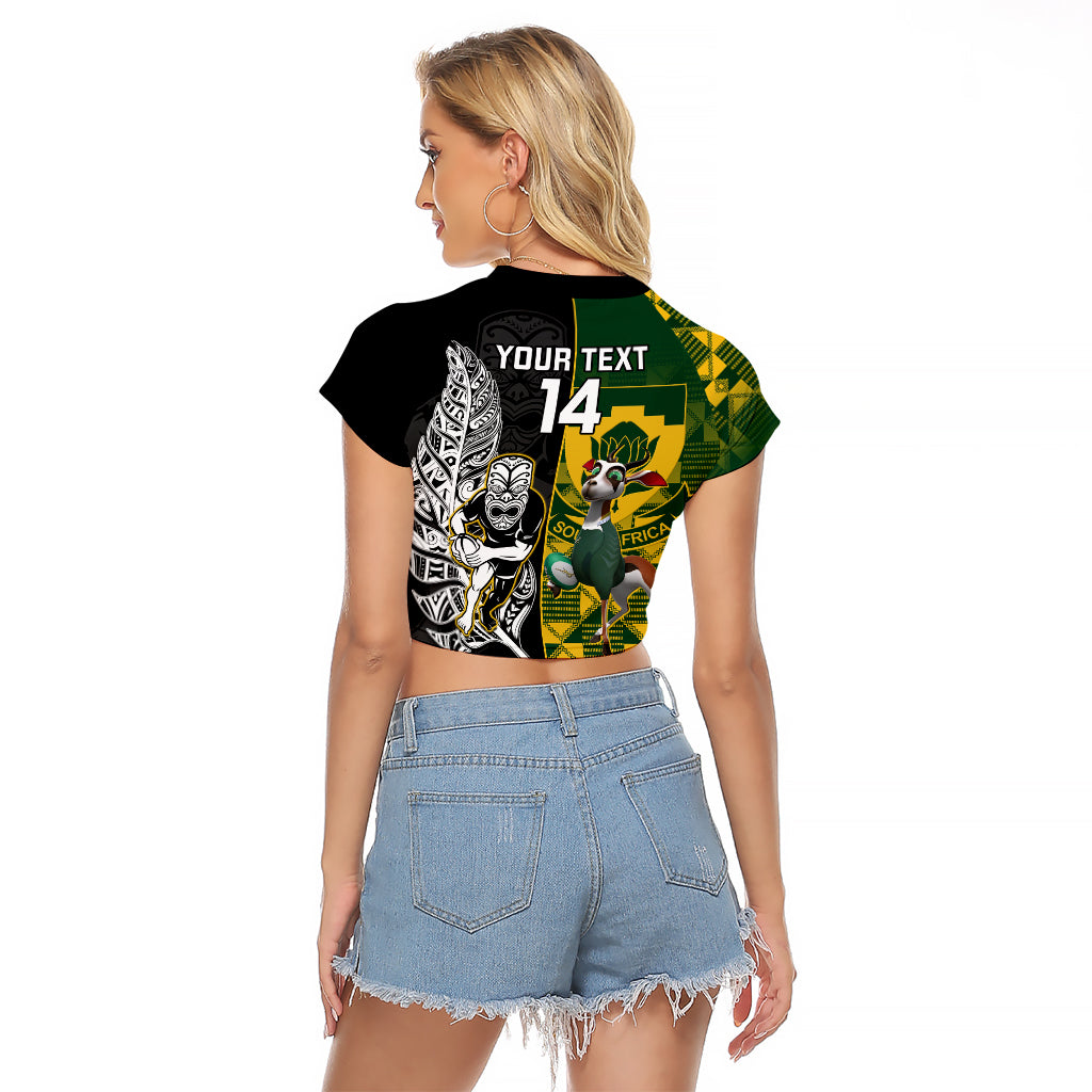 Custom South Africa And Aotearoa Rugby Raglan Cropped T Shirt 2023 Springboks Kente Combine All Black Maori Fern LT14 - Polynesian Pride