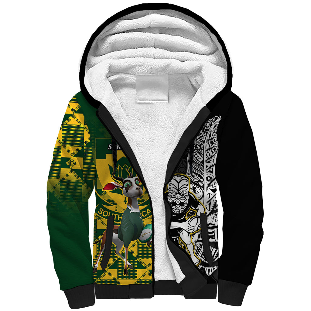 Custom South Africa And Aotearoa Rugby Sherpa Hoodie 2023 Springboks Kente Combine All Black Maori Fern LT14 Unisex Green - Polynesian Pride