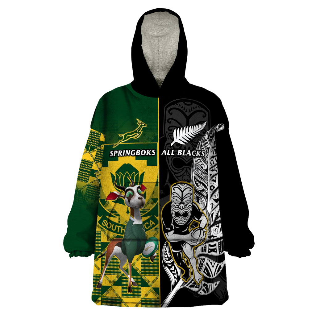 Custom South Africa And Aotearoa Rugby Wearable Blanket Hoodie 2023 Springboks Kente Combine All Black Maori Fern LT14 One Size Green - Polynesian Pride