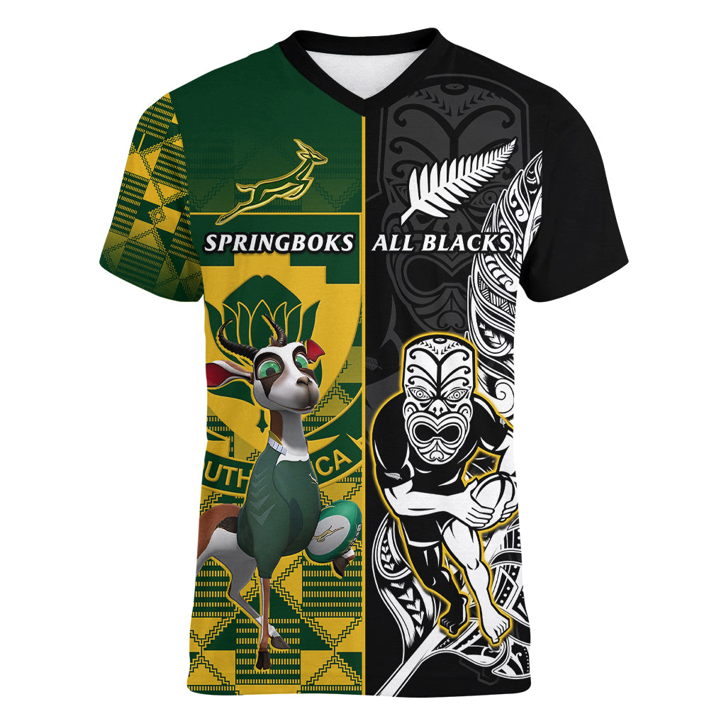 Custom South Africa And Aotearoa Rugby Women V Neck T Shirt 2023 Springboks Kente Combine All Black Maori Fern LT14 Female Green - Polynesian Pride