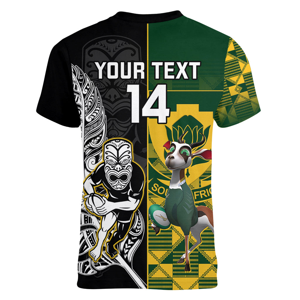 Custom South Africa And Aotearoa Rugby Women V Neck T Shirt 2023 Springboks Kente Combine All Black Maori Fern LT14 - Polynesian Pride