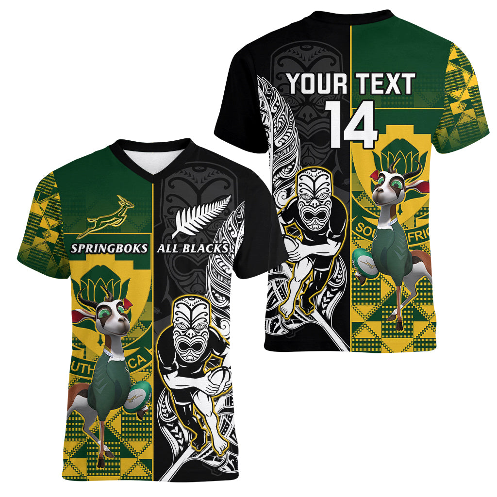 Custom South Africa And Aotearoa Rugby Women V Neck T Shirt 2023 Springboks Kente Combine All Black Maori Fern LT14 - Polynesian Pride