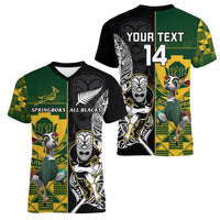 Custom South Africa And Aotearoa Rugby Women V Neck T Shirt 2023 Springboks Kente Combine All Black Maori Fern LT14 - Polynesian Pride
