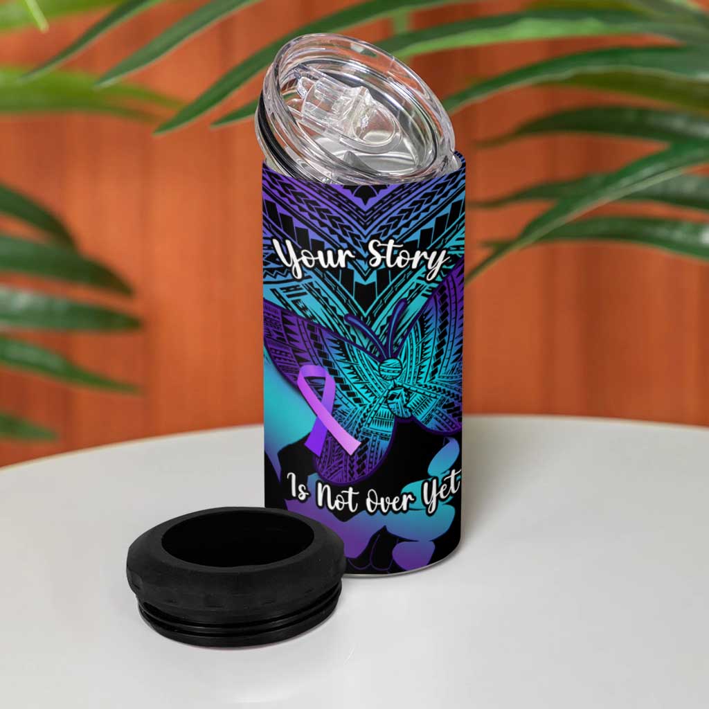 Suicide Awareness Your Story Is Not Over Yet 4 in 1 Can Cooler Tumbler Polynesian Butterfly Tattoo