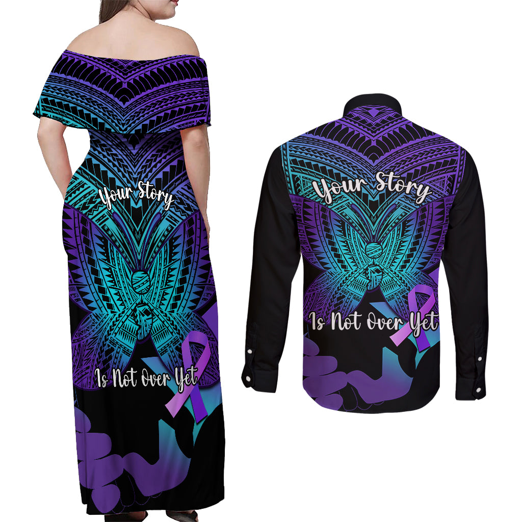 Suicide Awareness Your Story Is Not Over Yet Couples Matching Off Shoulder Maxi Dress and Long Sleeve Button Shirts Polynesian Butterfly Tattoo LT14 - Polynesian Pride