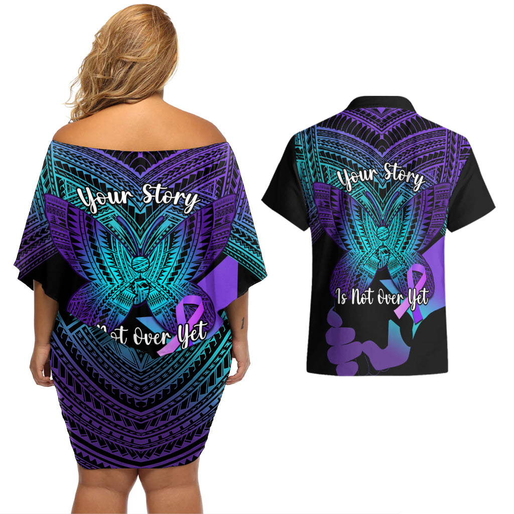 Suicide Awareness Your Story Is Not Over Yet Couples Matching Off Shoulder Short Dress and Hawaiian Shirt Polynesian Butterfly Tattoo LT14 - Polynesian Pride