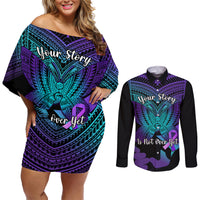 Suicide Awareness Your Story Is Not Over Yet Couples Matching Off Shoulder Short Dress and Long Sleeve Button Shirts Polynesian Butterfly Tattoo LT14 Purple - Polynesian Pride