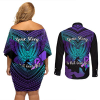Suicide Awareness Your Story Is Not Over Yet Couples Matching Off Shoulder Short Dress and Long Sleeve Button Shirts Polynesian Butterfly Tattoo LT14 - Polynesian Pride